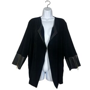 Chicos Size 3 Travelers Black Open Front Jacket Faux Leather Trim Zip Sleeves XL